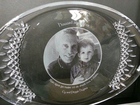 beautifully etched Waterford crystal tray with sandblasted image and wording