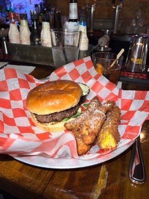 Pesto Goat Cheese basil pesto aioli - fresh greens - bacon onion jam - goat cheese  With  Parmesan Eggplant Fries basil pesto aioli