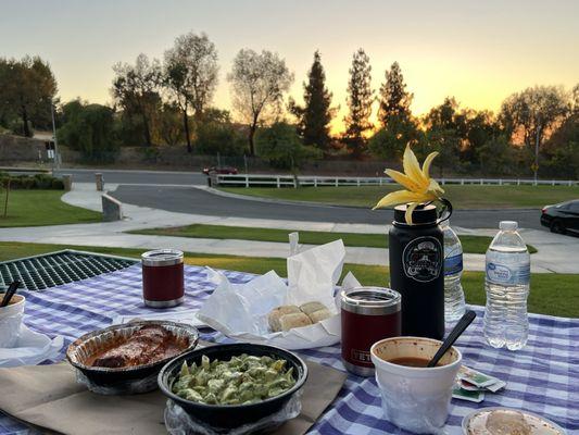 Perfect takeout food for a park picnic - lasagna, chicken pesto, minestrone soup, bread.