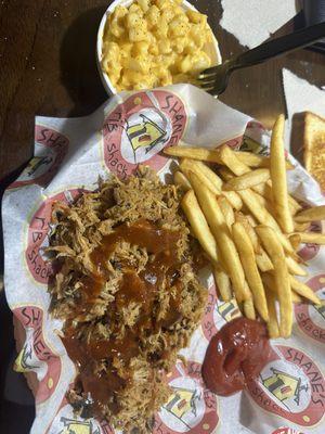 Pulled pork plate with fries and mac n cheese