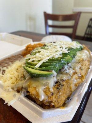 Super super duper 3 meat tamal plate with beans and rice and cheese and avocado