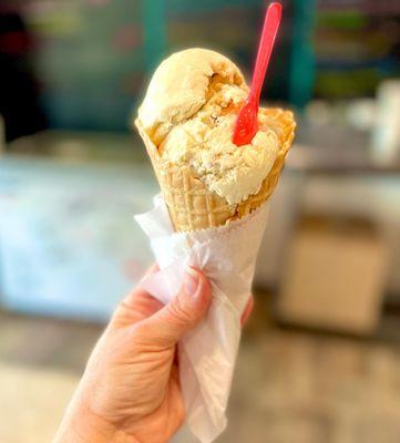 A generous scoop of apple cider donut in a waffle cone - fantastic!