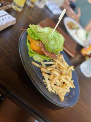 Aged cheeseburger with bacon (lettuce wrapped)