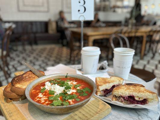 Shakshuka and short rib cheese sandwich. The food is good, not great (maybe we didn't pick their beats), but the service is short.