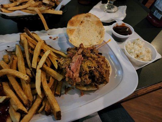 BBQ Sandwich and fresh cut fries. If they figure out how to make them crispy the would be  but they were good.