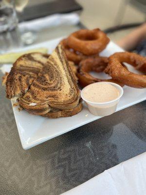 The "Gruben" -- Ruben with grouper. And KILLER onion rings.