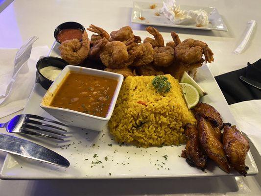 Fried Flounder and shrimp entree w/ sweet plantains, red beans