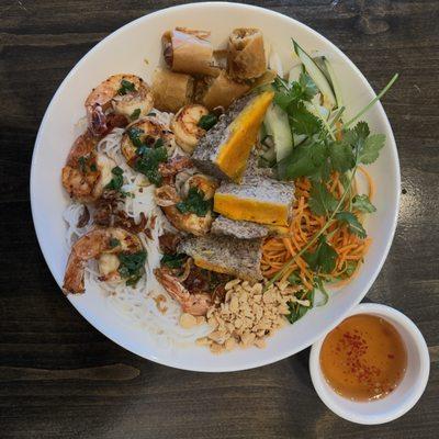 Shrimp, việt pork patty, egg roll vermicelli bowl