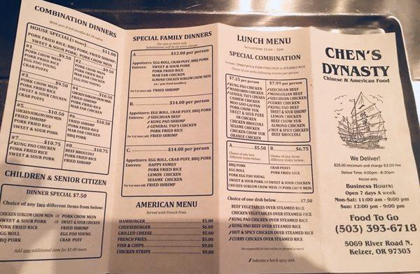 Their menu as of January 2018