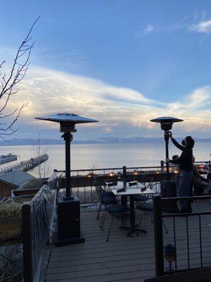 View and outdoor seating--heat lamps available