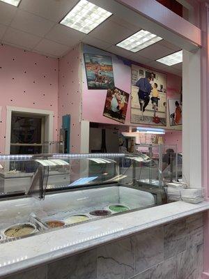 Ice cream station, love the posters on the wall