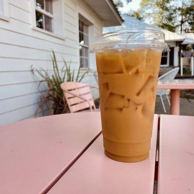 Iced vanilla latte on the Foam Coffee patio