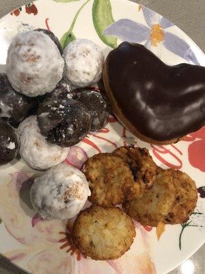 Donut holes, hash brown and Bavarian crème filled donut