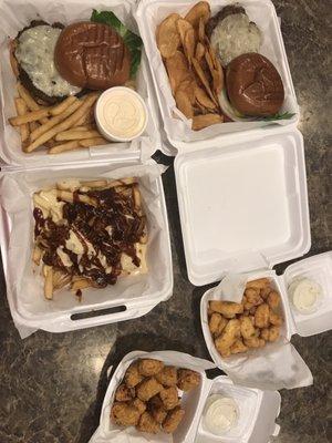 Burger w chips, burger w fries, pass fries, cheese bites, jalapeño corn bites