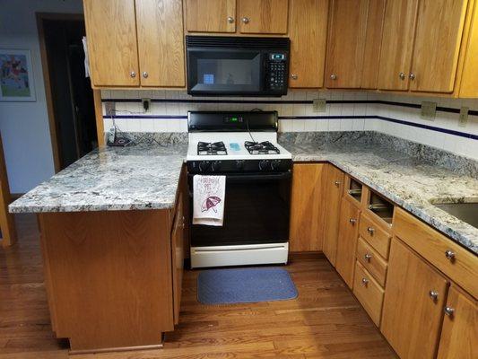 I love this color. Blue flower granite. Made my cabinets look new replacing my laminate with stone.