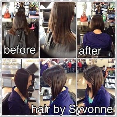 Correcting another salons mistake to this perfect long, sharp graduated bob by Syvonne B