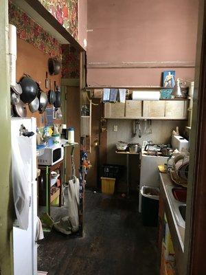 Disaster kitchen with some of the original 1912 walls left in tact within the room.