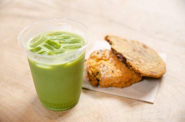 Matcha latte with oat milk. Chocolate chip scone. Chocolate chip cookie.