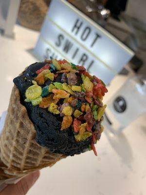 Black velvet ice cream with fruity pebbles topping