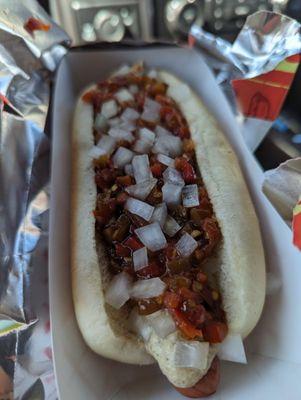 Pirates' Cove dog with hot pepper spread