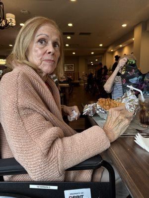 Barbara eating her taco salad from el famous burrito in wheeling