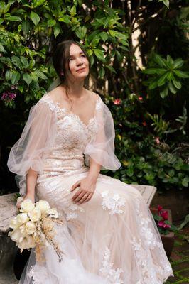 bride's portrait in the chapel's garden