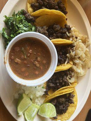 Street tacos with charro beans. The beans were well seasoned and also delicious.