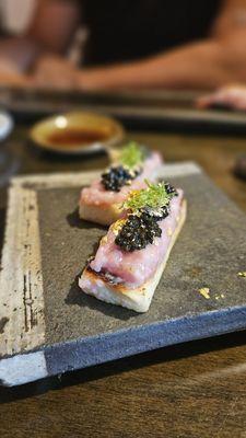 Negi Toro Toast with caviar and gold flakes