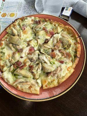 Chicken artichoke bacon pizza