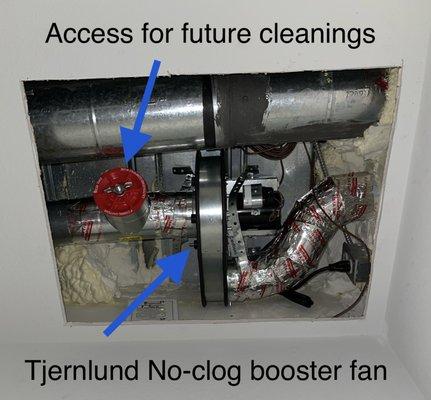 We installed a Tjernlund no clog booster fan and clean out access in a high rise condo in central Austin with a 55' long dryer duct run.