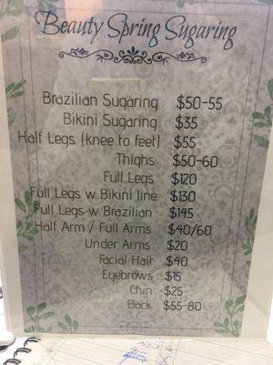 Sugaring Price List