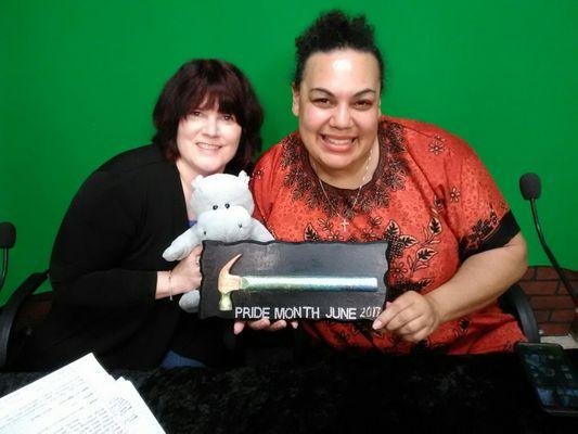 Myself, holding hippo and presenting my guest with an award on Knowledge is Power, York, PA cable access show.