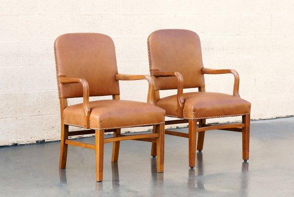 Pair of Gunlocke Leather and Oak Armchairs, 1948