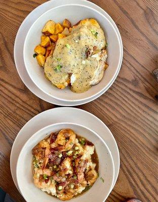 Shrimp and Grits (bottom) and chicken biscuits smothered white gravy potatoes (top)