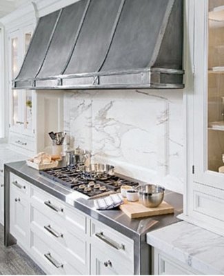 Zinc range hood with zinc countertops