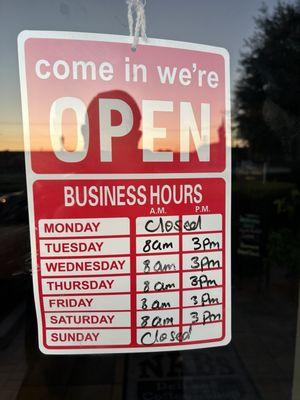 Hours posted on door do NOT match their direct website