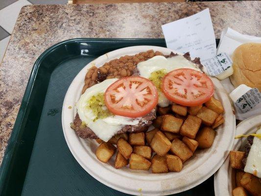 Combo with Cheeseburgers having Tomato, Relish and Mayo with Sides of Baked Beans and Home Fries at Bill Gray's Irondequoit