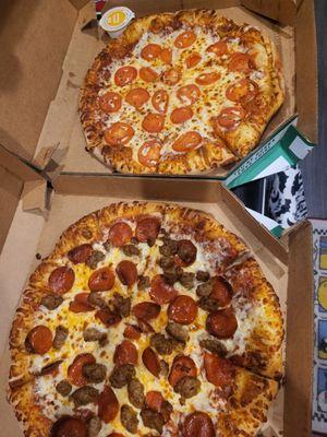 Pepperoni and sausage/ extra cheese and tomato