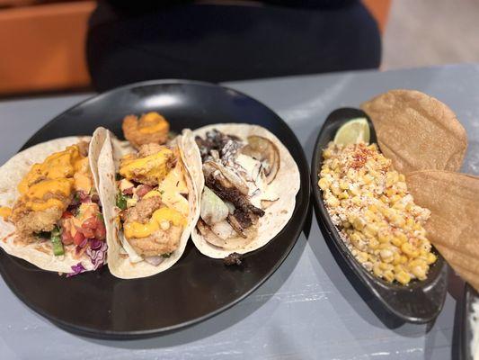 3 Tacos Mexican Style with a side of corn salaa