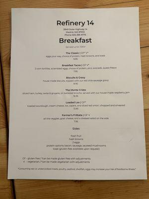 Breakfast menu