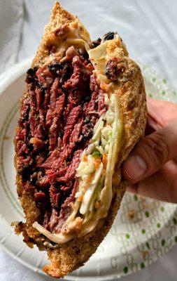 Cross section of Hershel 's Pastrami sandwich. Absolutely delicious!