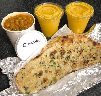 Chana Masala vegan GF, Butter Garlic Naan, Mango Lassi