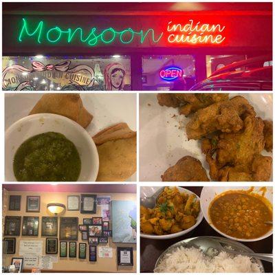 The storefront, samosa & channa chat, fried Paneer Pakora, and two main entrees (with small side of rice)