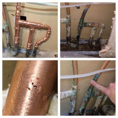 Before and after photos of plumbing leak found behind a wall