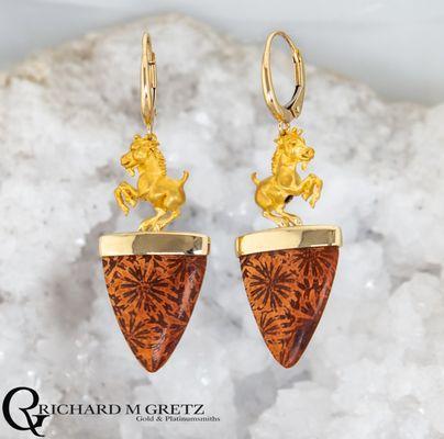 Billy Goat Coral Fossil earrings in 14kt yellow gold.