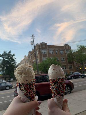 Dairy free almond ice cream with chocolate sprinkle cones