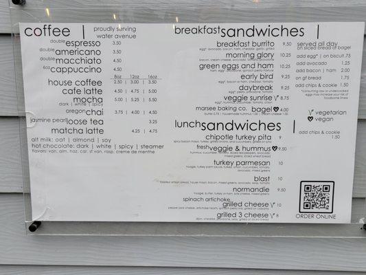 Menu outside the side window for easy ordering or food delivery services.