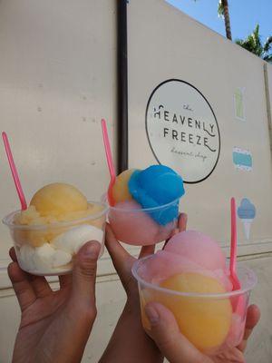 Mango madness, watermelon, and blue raspberry Italian ice, the one with ice cream is vanilla!