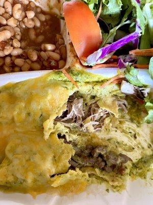 2 Enchilada Entree. Bottom is carne asada and above that are the carnitas.