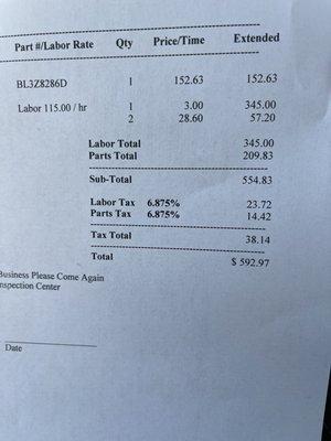 Repair Bill from mechanic to replace radiator hose.